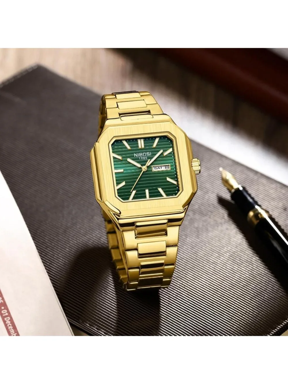Nibosi Men's Gold Green Analog Quartz Stainless Steel Waterproof Square Watch
